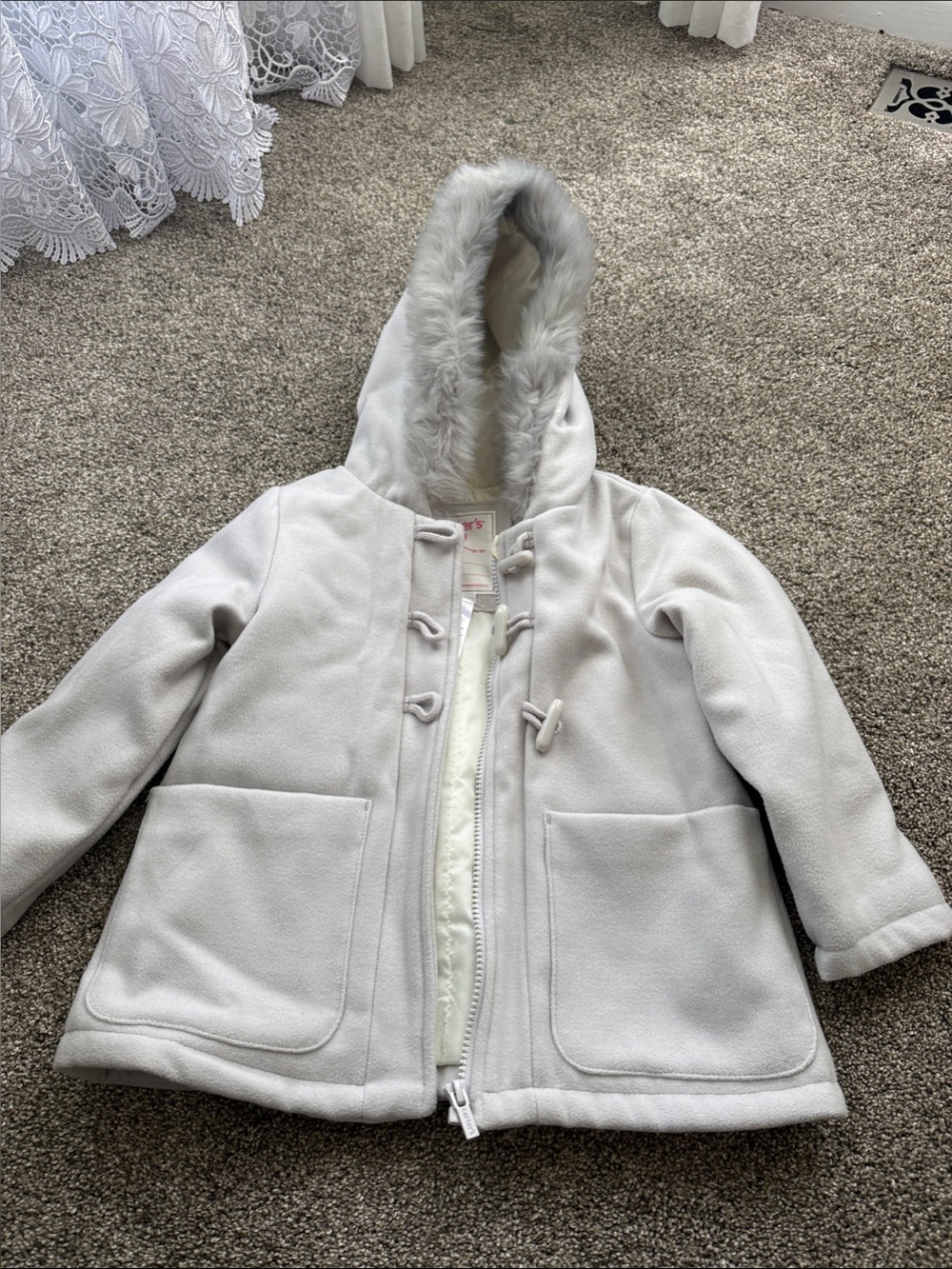 Carter's Cream Hooded Pea Coat with Faux-Fur Trim
